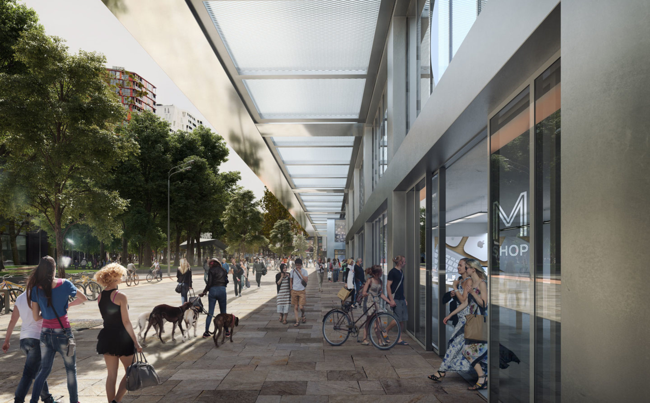 The lively, transparent plinth – below the wide office canopy that keeps the spacious walkway dry – is suitable for catering and retail outlets, which will fulfil an important intermediary role between The Modernist and the city. 